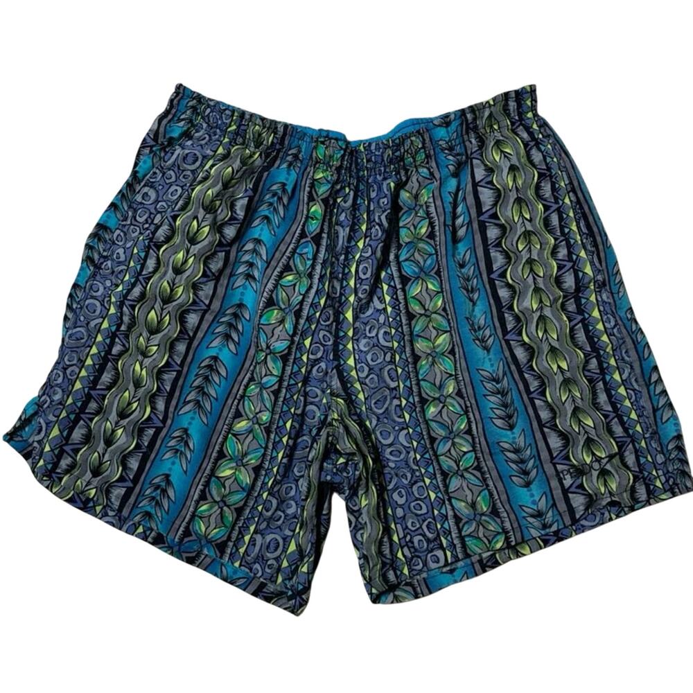 Vintage Speedo 90s Geometric Tribal Blue Nylon Mesh Lined Swim Trunks Size M